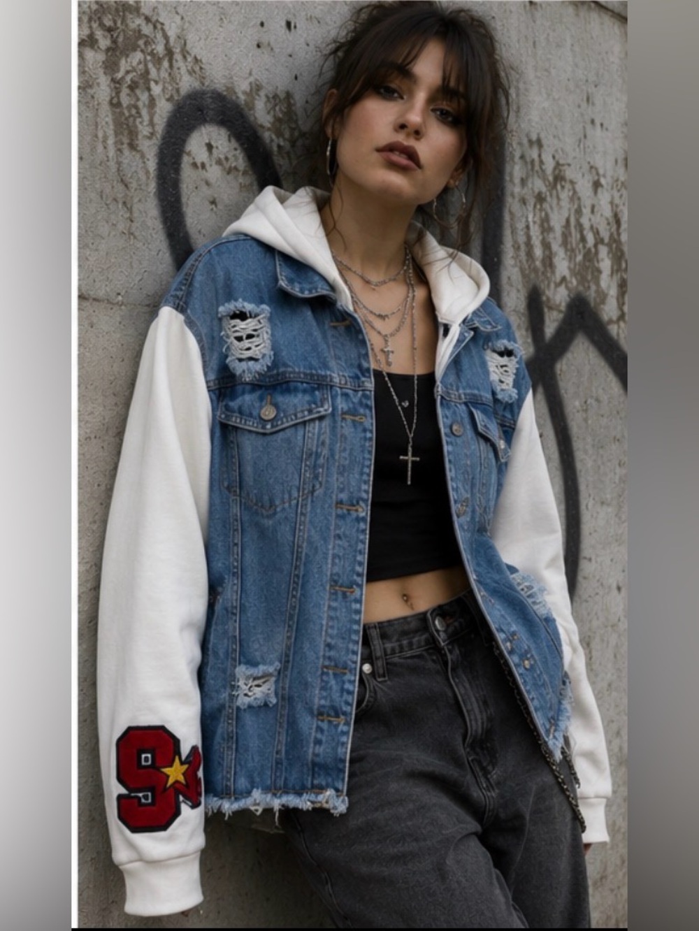 Thrill Jeans Distressed Denim Hoodie Jacket Varsity Streetwear Y2K Patchwork